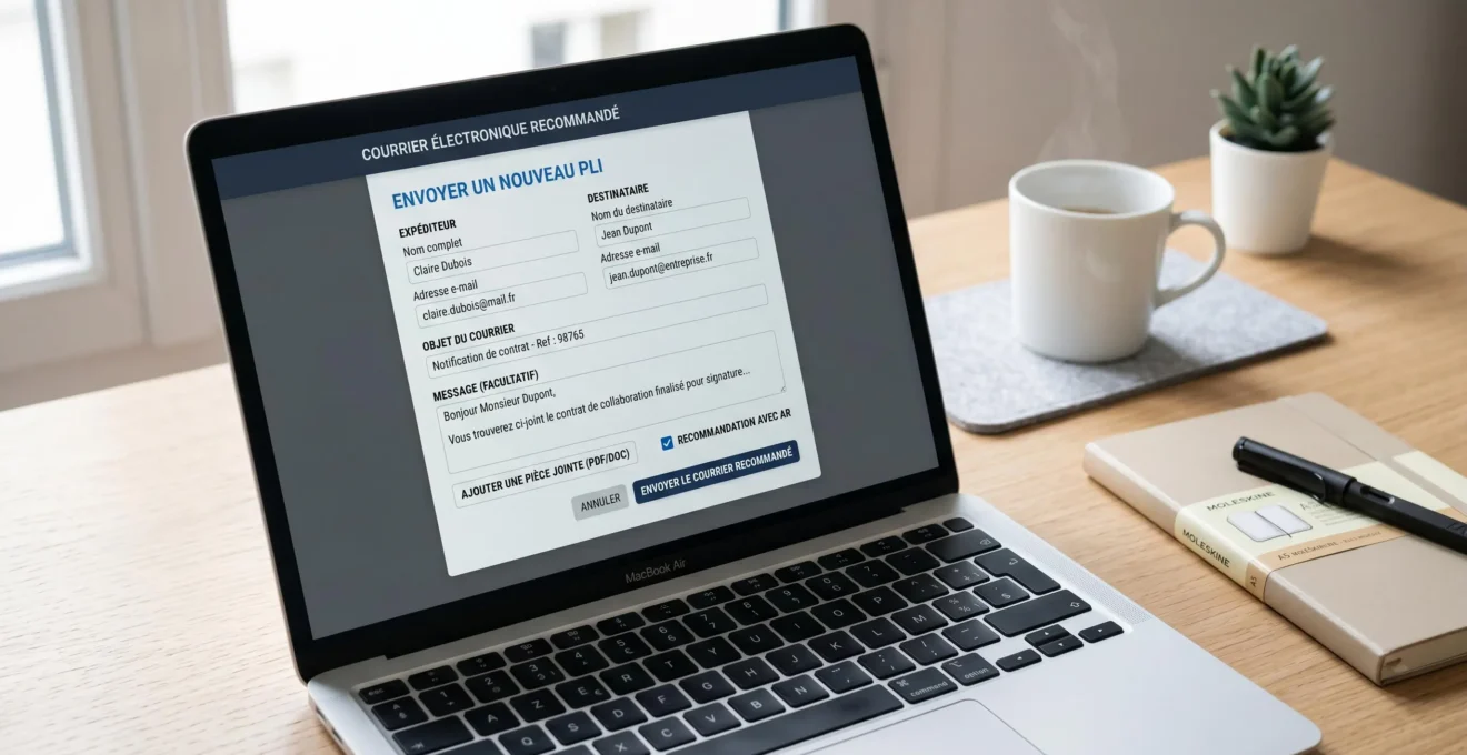 Écran d'ordinateur portable affichant une interface d'envoi de recommandé électronique avec formulaires en français sur un bureau épuré