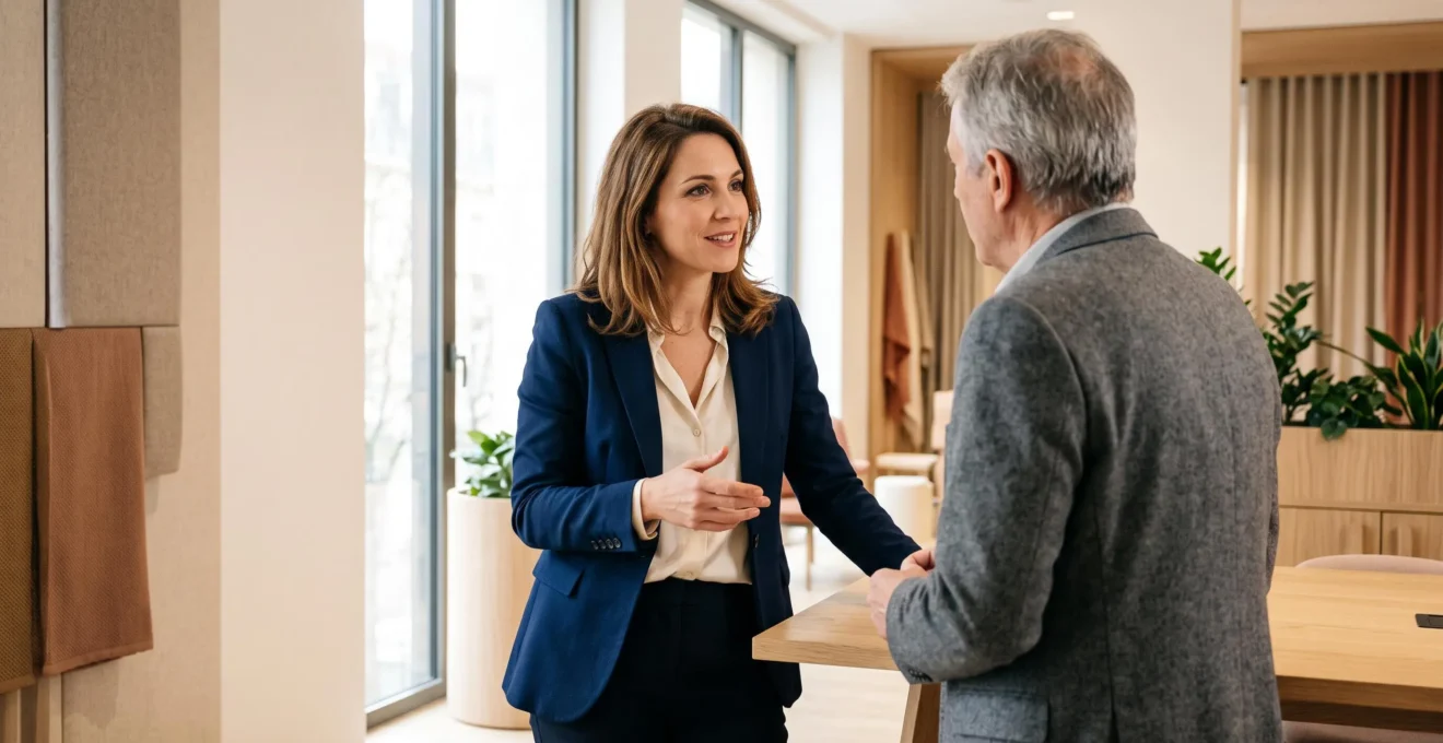 Conseillère professionnelle en interaction avec un client dans un espace de consultation moderne