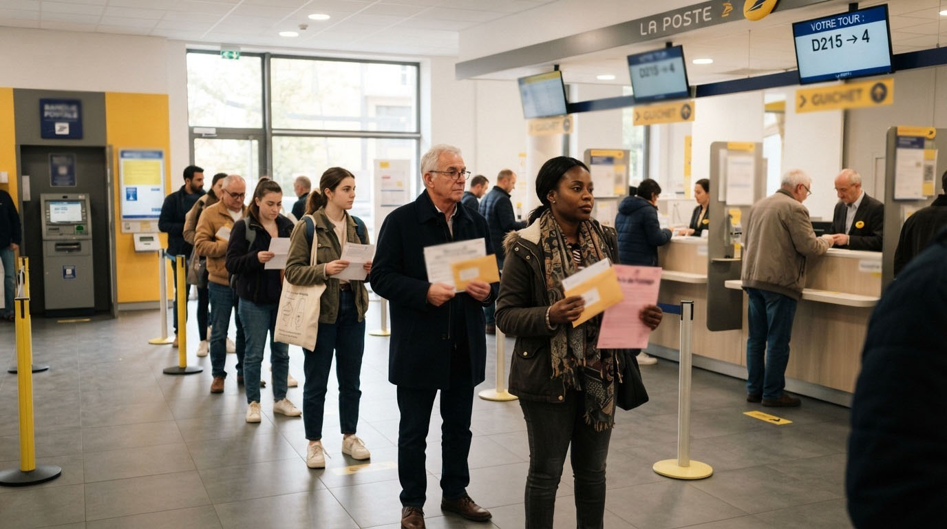 File d'attente de personnes dans un bureau de poste La Poste en France pour envoyer du courrier recommandé