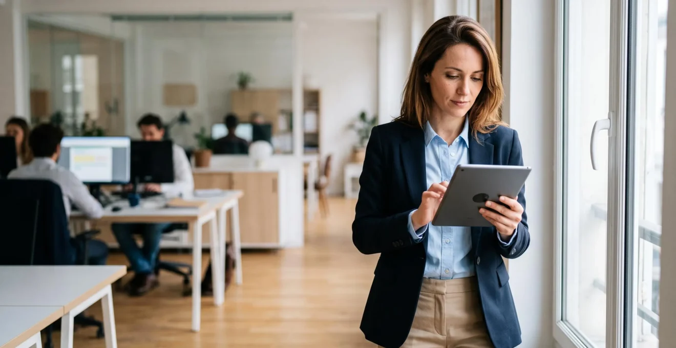 Professionnelle debout dans un bureau moderne utilisant une tablette pour envoyer un courrier recommandé électronique