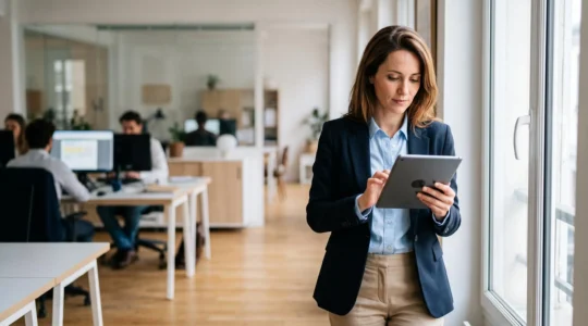 Professionnelle debout dans un bureau moderne utilisant une tablette pour envoyer un courrier recommandé électronique