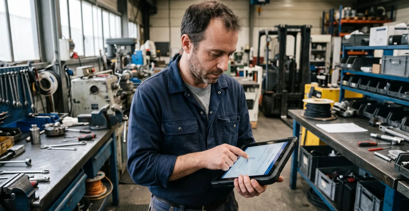 Technicien dans un atelier signant électroniquement sur une tablette